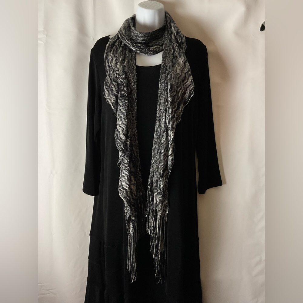 NEW CJ Banks black gray scalloped edge fringe wrap scarf 96" NWT